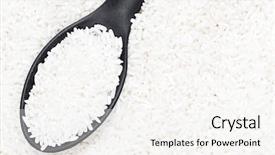  Presentation with rice grains - Colorful presentation theme enhanced with black spoon on a raw white rice grains background backdrop and a sky blue colored foreground