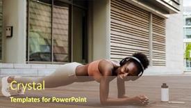  Presentation with music - Slide deck consisting of black-sportswoman-smiling-and-listening background and a violet colored foreground