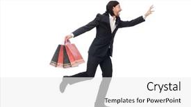  Presentation with bags plastic - Cool new presentation theme with black suit man holding plastic bags isolated on white backdrop and a white colored foreground