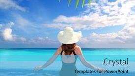 Presentation with black sea - Slide deck consisting of black swimsuit woman rear view in a pool with direct view to tropical caribbean sea photo illustration background and a light blue colored foreground