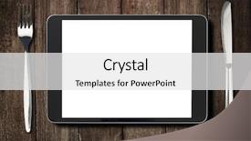  Presentation with ipad - Slide deck with black tablet pc or ipad on dark wooden table with fork and knife background and a white colored foreground