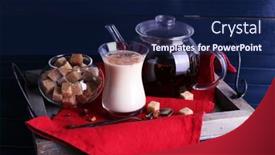  Presentation with black tea - Slides consisting of black tea with milk and lump sugar on wooden tray with napkin and color wooden planks background background and a navy blue colored foreground