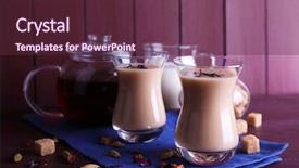 Presentation with milk tea - Presentation theme enhanced with black tea with milk and lump sugar and spices in glassware on color wooden planks background background and a tawny brown colored foreground