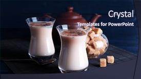  Presentation with milk tea - Slides enhanced with black tea with milk in glasses and teapot with lump sugar on bamboo mat and color wooden planks background background and a navy blue colored foreground