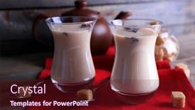  Presentation with milk tea - PPT layouts enhanced with black tea with milk in glasses and teapot with lump sugar on color wooden planks background background and a tawny brown colored foreground