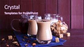  Presentation with milk tea - Audience pleasing presentation consisting of black tea with milk and lump sugar and spices in glassware on color wooden planks background backdrop and a wine colored foreground