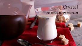  Presentation with black tea - Theme featuring black tea with milk in glasses and teapot with lump sugar on color wooden planks background background and a coral colored foreground