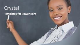  Presentation with black teacher - PPT theme consisting of black teacher looking at camera while holding a chalk in a classroom background and a dark gray colored foreground