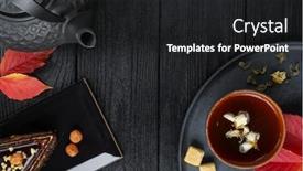  Presentation with cup cake - Presentation design enhanced with black teapot and green tea with jasmine in a clay cup on a black and wooden background with a slice of cake autumn leaves food concept top view background and a dark gray colored foreground