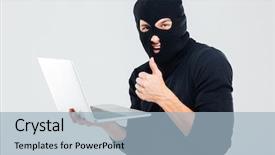  Presentation with laptop - Slide set featuring black thug - man in balaclava using laptop background and a light blue colored foreground