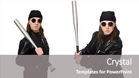  Presentation with hooligan - Presentation theme with black thug - woman hooligan isolated background and a gray colored foreground