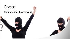 Presentation with criminal identification - Presentation design having black thug - young female criminal with handcuffs background and a white colored foreground