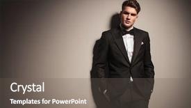 Presentation with young business man - Amazing presentation design having black tie - elegant young business man leaning backdrop and a gray colored foreground