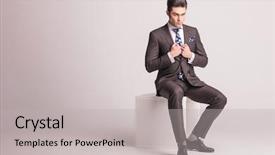  Presentation with young business man - Presentation design with black tie - full body picture background and a light gray colored foreground