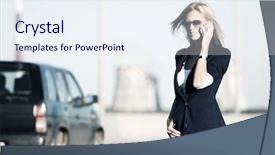  Presentation with phone - Beautiful PPT theme featuring black white fashion - young woman calling backdrop and a sky blue colored foreground