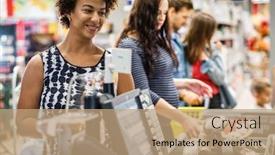  Presentation with grocery store - Colorful theme enhanced with black-woman-buying-goods backdrop and a coral colored foreground