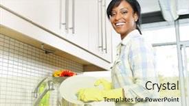  Presentation with happy smiling woman dental health - Beautiful PPT theme featuring black woman enjoying washing dishes backdrop and a soft green colored foreground