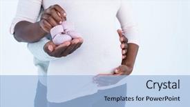  Presentation with baby shoes - Amazing presentation theme having black woman pregnancy - mid section of man holding backdrop and a light blue colored foreground