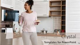  Presentation with black woman - Presentation theme with black-woman-using-microwave background and a coral colored foreground