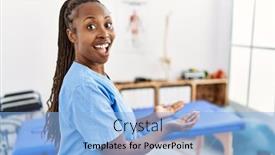  Presentation with woman hands open - PPT theme having black-woman-with-braids-working background and a light blue colored foreground