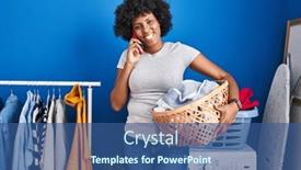  Presentation with laundry - PPT theme enhanced with black-woman-with-curly-hair background and a ocean colored foreground