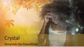  Presentation with black women - Amazing slide set having black women depression - sad woman holding her forehead backdrop and a gold colored foreground