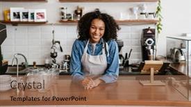  Presentation with apron - PPT theme with black-young-barista-woman-wearing background and a coral colored foreground