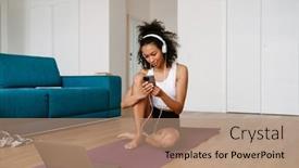  Presentation with black woman - PPT theme featuring black-young-woman-using-gadgets background and a coral colored foreground