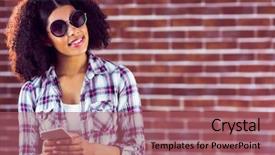  Presentation with smartphone - Beautiful slide deck featuring black youth - attractive smiling hipster holding smartphone backdrop and a  colored foreground