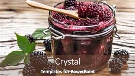  Presentation with blackberry - Amazing theme having blackberry confiture on old wooden table several fresh berries are near it backdrop and a tawny brown colored foreground