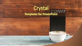  Presentation with cup coffee - Colorful slides enhanced with blackboard on wooden tabletop menu backdrop and a tawny brown colored foreground