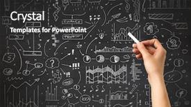  Presentation with hand holding colorful brain sketch - Cool new slide deck with blackboard with a business plan backdrop and a dark gray colored foreground