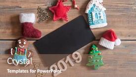  Presentation with rustic blackboard - Cool new slide deck with blackboard with santa claus hat and christmas decoration on wood rustic background with copy space for text backdrop and a coral colored foreground