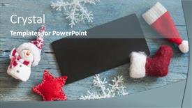  Presentation with rustic blackboard - Presentation featuring blackboard with santa claus hat and christmas decoration on wood rustic background with copy space for text background and a seafoam green colored foreground