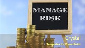  Presentation with piles - Beautiful PPT layouts featuring blackboard with text manage risk backdrop and a tawny brown colored foreground