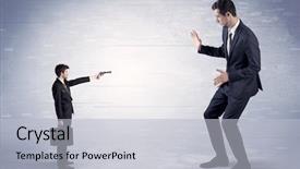  Presentation with shooting gun - Beautiful presentation featuring blackmail - tiny businessman with gun shooting backdrop and a light gray colored foreground