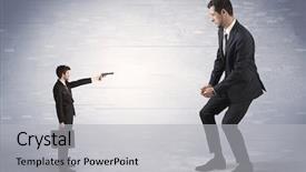 Presentation with shooting gun - Audience pleasing PPT theme consisting of blackmail - tiny businessman with gun shooting backdrop and a light gray colored foreground