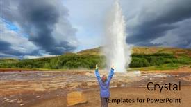  Presentation with steam - Theme enhanced with bladder - woman -turist delighted geyser strokkur background and a coral colored foreground