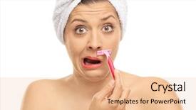  Presentation with razor - PPT theme with blade - shocked woman shaving her moustache background and a coral colored foreground