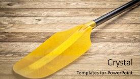  Presentation with blade - Presentation theme consisting of blade of fiberglass whitewater sup stand up paddleboard paddle against weathered wood background background and a yellow colored foreground