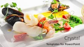  Presentation with seafood - Beautiful PPT layouts featuring blanched-seafood-cut-tomatoes backdrop and a soft green colored foreground