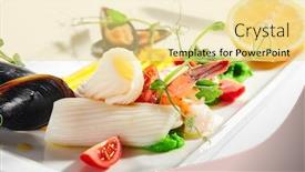  Presentation with seafood - Presentation theme consisting of blanched-seafood-cut-tomatoes background and a blonde colored foreground