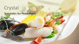  Presentation with seafood - Colorful slide set enhanced with blanched-seafood-cut-tomatoes backdrop and a soft green colored foreground