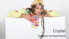  Presentation with evolution of man - Presentation design having blnad - bored man in hippie costume background and a white colored foreground