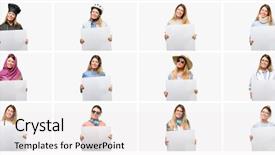  Presentation with announcement - Cool new slide deck with blank advertising banner good poster backdrop and a light gray colored foreground