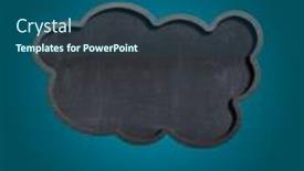  Presentation with signboard - PPT theme with blank black signboard in the shape of a speech bubble against a blue background background and a ocean colored foreground