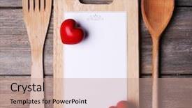  Presentation with paper cutting - Cool new slides with cutting board with menu sheet of paper and hearts on rustic wooden planks background backdrop and a coral colored foreground