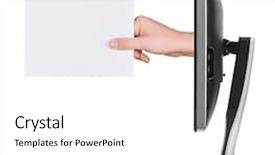  Presentation with hand shake computer - Colorful slide set enhanced with computer monitor isolated on white backdrop and a white colored foreground