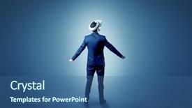  Presentation with glasses - PPT theme featuring blank check - businessman wearing vr glasses background and a ocean colored foreground