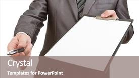  Presentation with pen - Slides featuring blank checklist - businessman giving pen for your background and a gray colored foreground